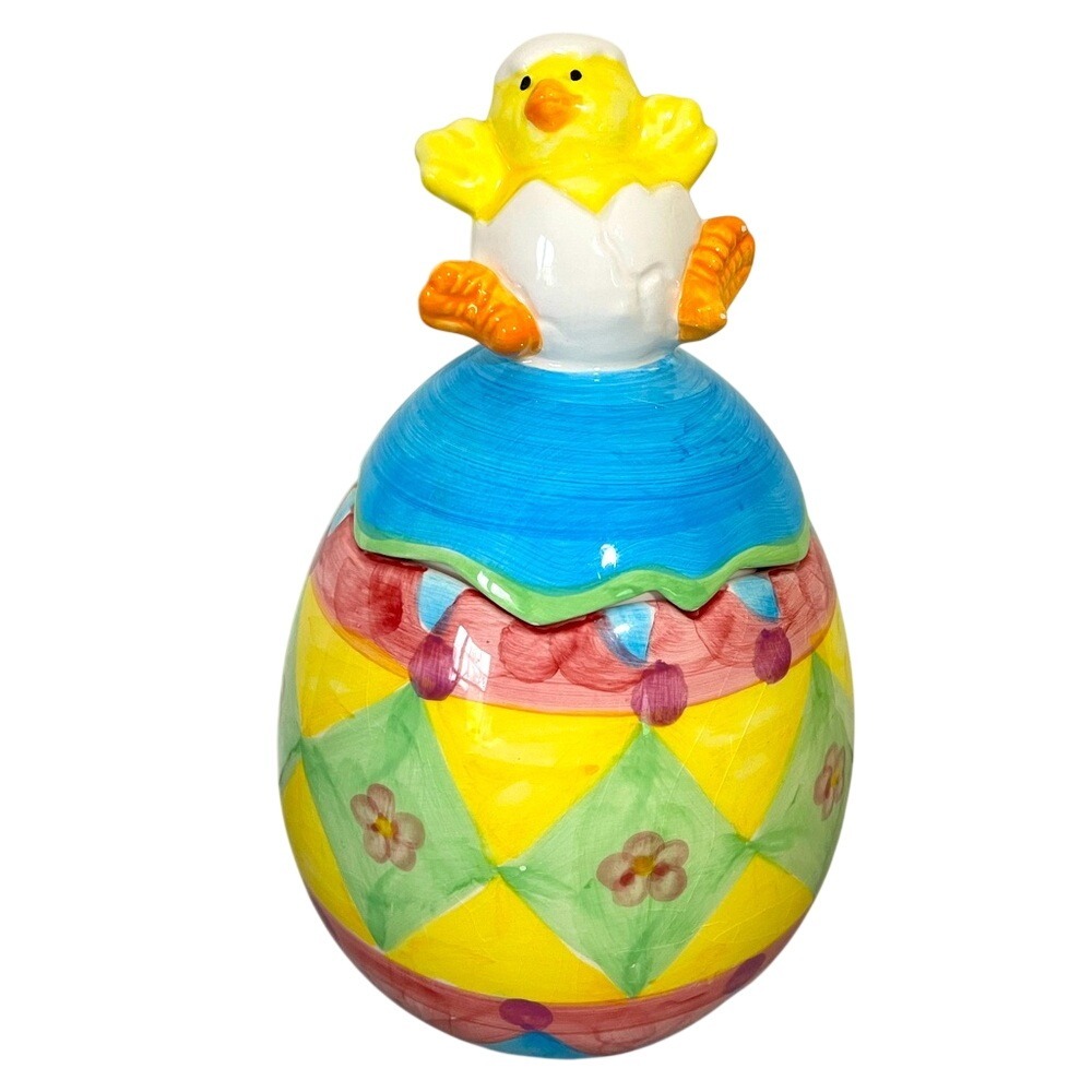 WCL Hatching Egg Chick Ceramic Egg Cookie Jar Cannister Floral Home Accent